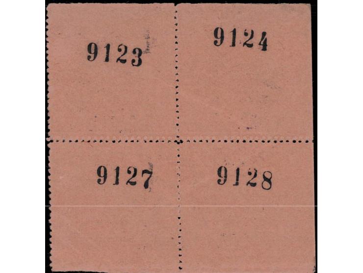 3p violet printed on ick buff paper overprinted "CASH COUPON / BUNDI STATE" with serial numbers on back, block of 4. Unused w