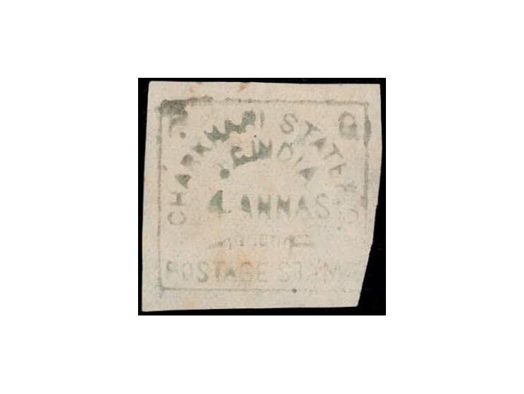 1894 "4 ANNAS" dull green imperf unused without gum as issued. Minor thin spot and a little discolored but a rare stamp never