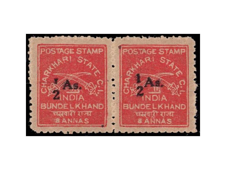 1939  8a brown-red horizontal pair surcharged "½ As." with error, "1" of "½" inverted on left stamp. Stamp with error is neve