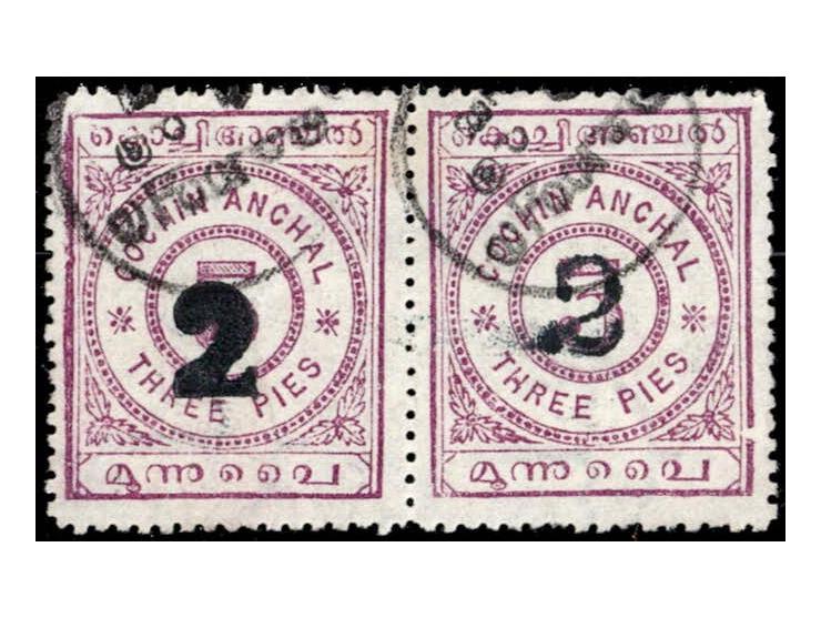 1909  3p rosy-mauve horizontal pair surcharged "2" with SG Type 7 on left stamp and with SG Type 7a on right stamp.  This is 