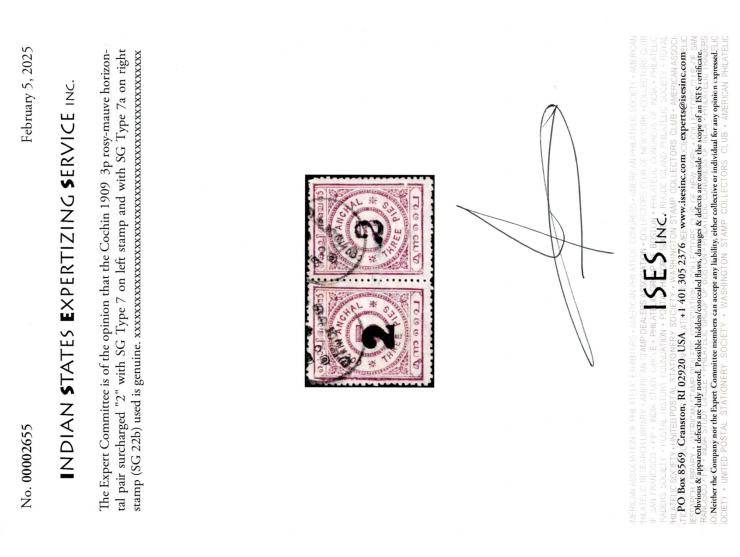 1909  3p rosy-mauve horizontal pair surcharged "2" with SG Type 7 on left stamp and with SG Type 7a on right stamp.  This is 