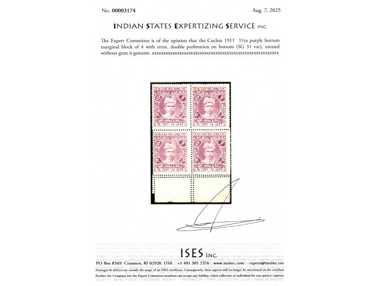 1911  1½a purple bottom marginal block of 4 with error, double perforation on bottom. A spectacular item. ISES certificate
