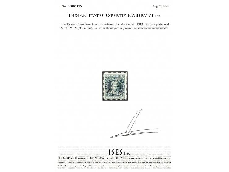 1913  2a grey perforated SPECIMEN.  2025 ISES certificate
