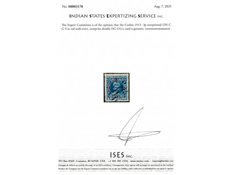 1913  3p overprinted ON C G S in red with error, overprint double. A great rarity. 2025 ISES certificate.   
