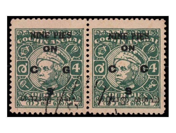 1949  9p on 4p overprinted ON C G S, horizontal pair, left stamp with "C" for "G" error.
