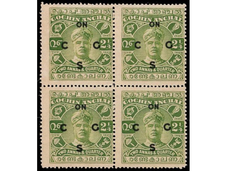 1922  2¼a yellow-green overprinted ON C G S, block of 4 with toned gum.
