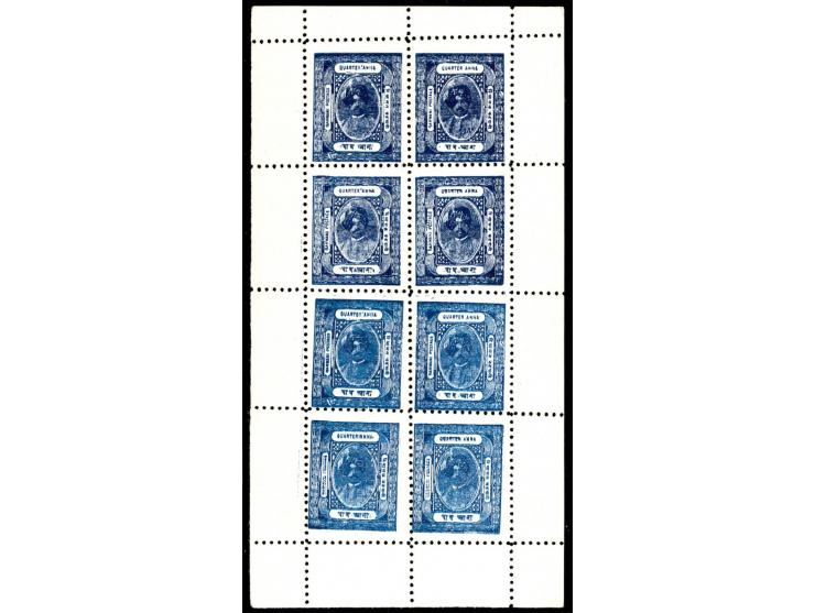 1929-32  ¼a complete sheet of 8, top 4 stamps in indigo and bottom 4 stamps in bright blue. A spectacular sheet printed in tw