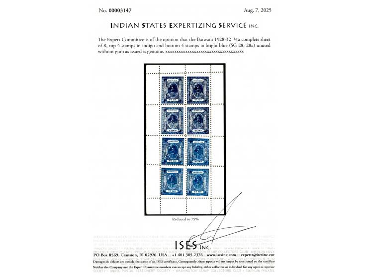 1929-32  ¼a complete sheet of 8, top 4 stamps in indigo and bottom 4 stamps in bright blue. A spectacular sheet printed in tw