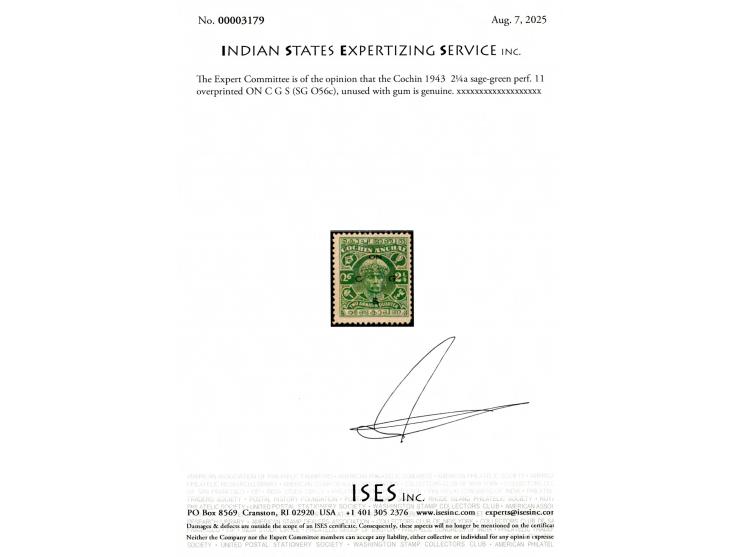 1943  2¼a sage-green perf. 11 overprinted ON C G S. A great rarity of Cochin in MNH condition. 2025 ISES certificate
