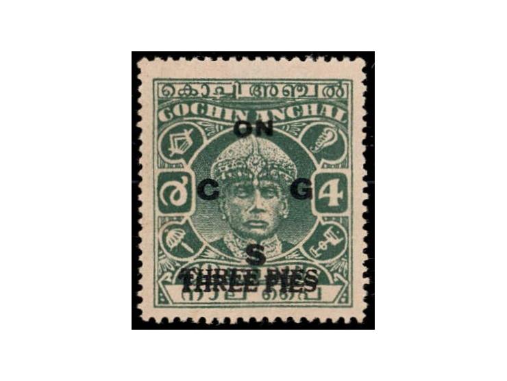 1942-43  THREE PIES on 4p perf. 13 x 13½ overprinted ON C G S with error, surcharge double. Unused without gum as issued
