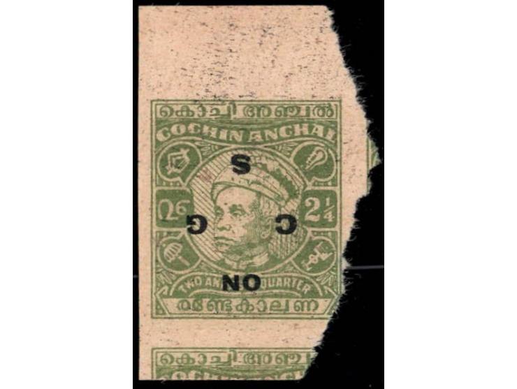 1948-49  2¼a yellow-green Printers waste with ON C G S overprint inverted. The 2¼a stamp is also printed on the reverse but i