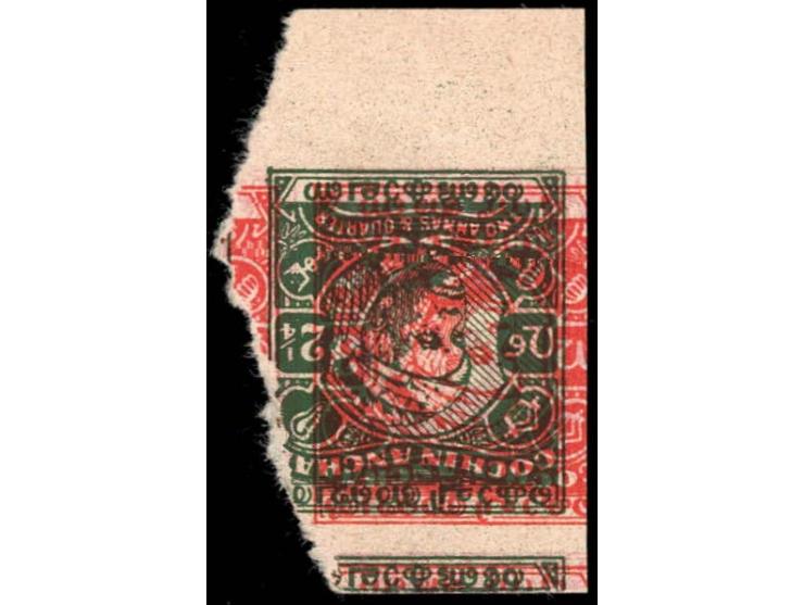 1948-49  2¼a yellow-green Printers waste with ON C G S overprint inverted. The 2¼a stamp is also printed on the reverse but i