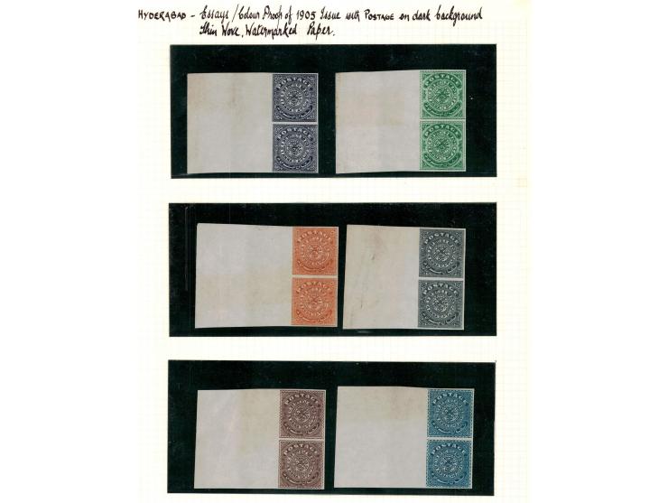 Essays of the 1905 issue with POSTAGE against colored background. The stamps were issued in similar design but against white 
