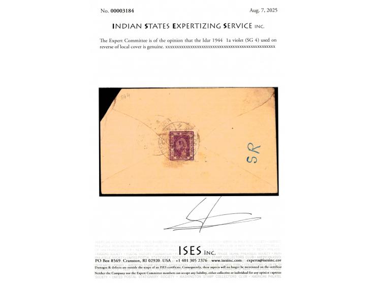 1944  1a violet used on reverse of local cover. 2025 ISES certificate
