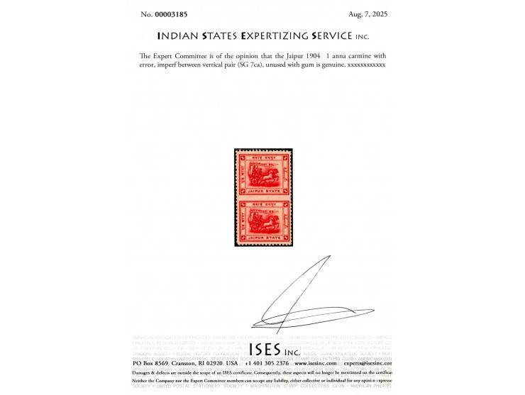 1904  1 anna carmine with error, imperf between vertical pair. 2025 ISES certificate. 
