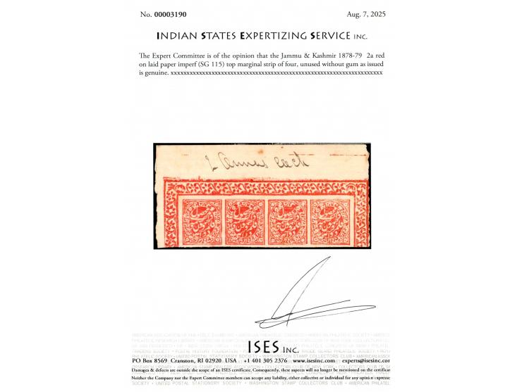 1878-79  2a red on laid paper imperf, top marginal strip of four. Unused without gum as issued. 2025 ISES certificate
