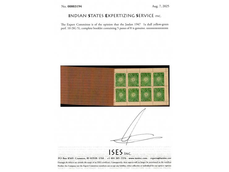 1947  1a dull yellow-green perf. 10 complete booklet containing 5 booklet panes of 8 in fine condition. This is the only reco