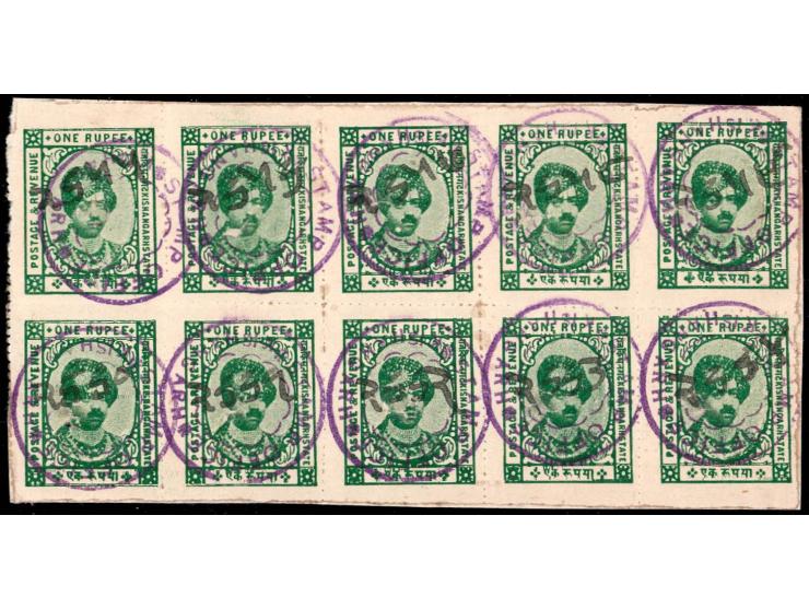 1928  1r light green complete sheet of 10 without margins fiscally used on piece. Catalog value for postally used £950
