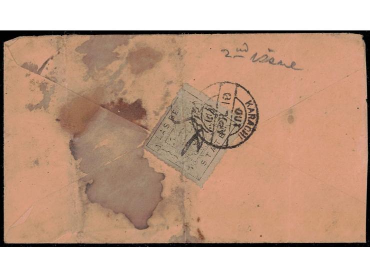 1899  ½a greenish-grey on local cover tied by Karachi cds. Stamp creased from fold and stain on cover
