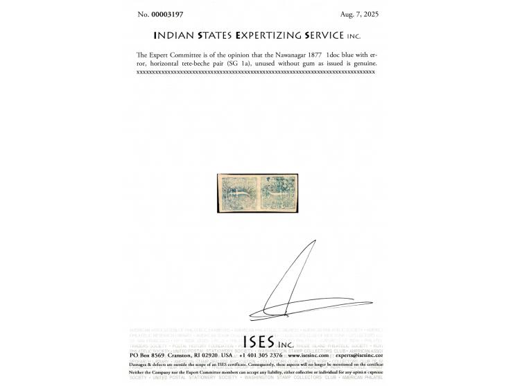 1877  1doc blue with error, horizontal tete-beche pair. Unused without gum as issued. 2025 ISES certificate
