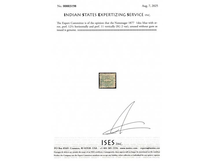 1877  1doc blue with error, perf. 12½ horizontally and perf. 11 vertically. Not recorded with compound perf. Unused without g