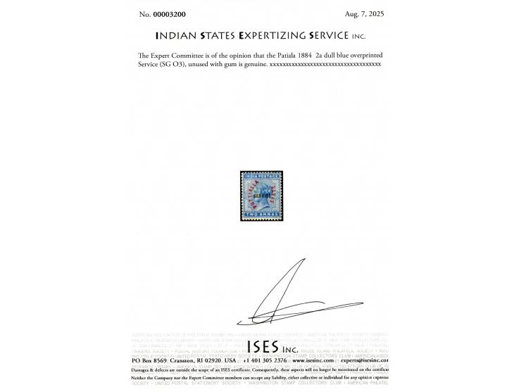 1884  2a dull blue overprinted SERVICE. A superb example of the rarest Indian Convention State stamp and believed to be the u