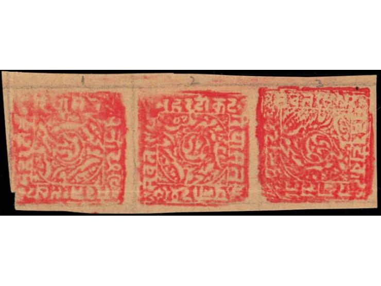 1885-94  1p red on yellow wove batonne paper, strip of three with error, all three stamps printed sideways in relationship to