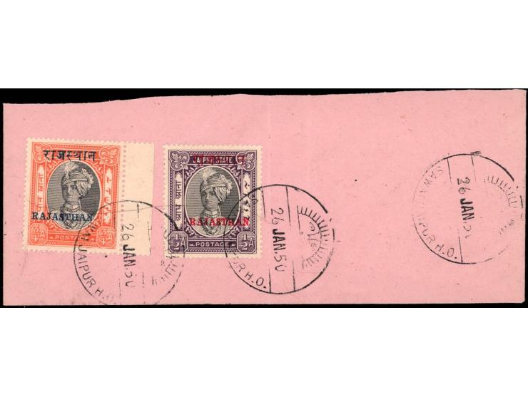 1950 Jaipur ½a and ¾a overprinted RAJASTHAN franked on local part cover both stamps tied by "SAWAI JAIPUR H.O. / 26 JAN 50" c