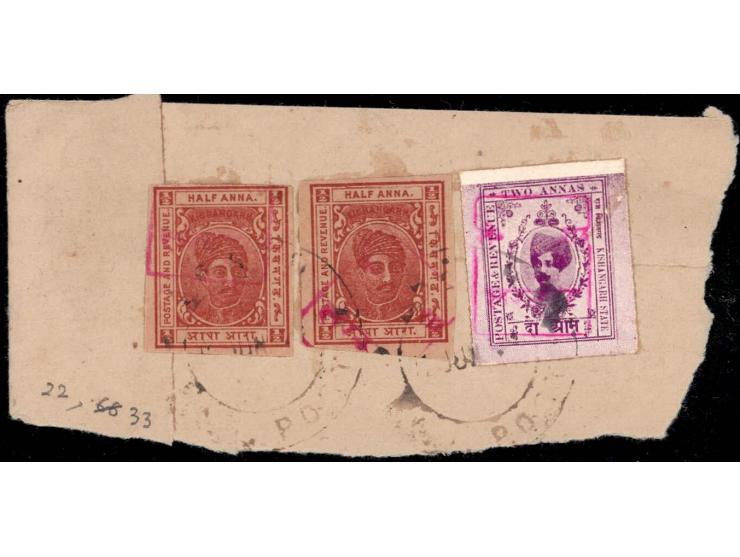 1949  Kishangarh ½a postal stationery envelope cut-outs x 2 and 1912-16  2a purple all handstamped with RAJASTHAN in red used