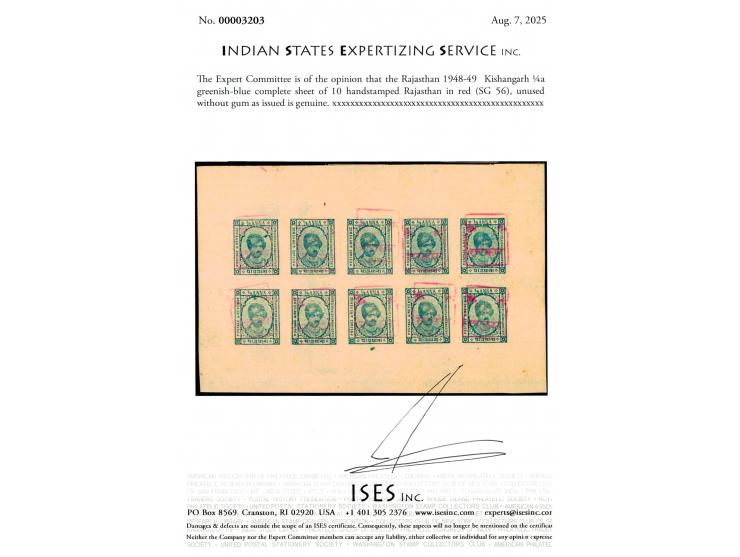 1948-49  Kishangarh ¼a greenish-blue complete sheet of 10 handstamped RAJASTHAN in red. A spectacular complete sheet. Catalog
