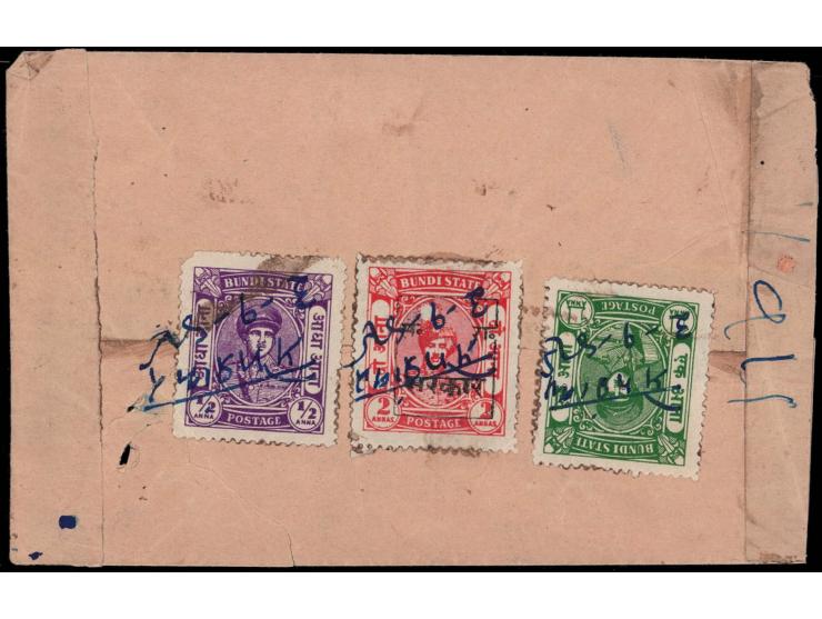 Bundi 1947  ½a volet, 1a yellow-green and Bundi 2a vermillion machine overprinted RAJASTHAN used on registered local cover fr
