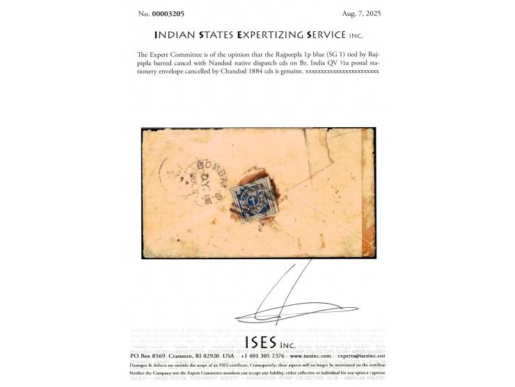 India QV ½a postal stationery envelope additionally franked with Rajpipla 1p blue tied by Rajpipla barred cancel with Nandod 