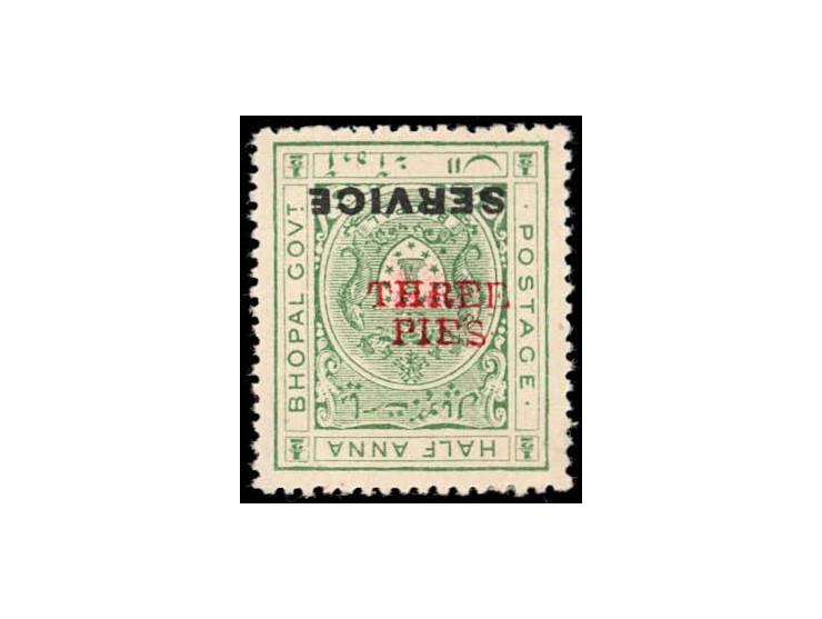 1935-36  ½a yellow-green overprinted SERVICE surcharged THREE PIES in red with error, surcharge inverted.
