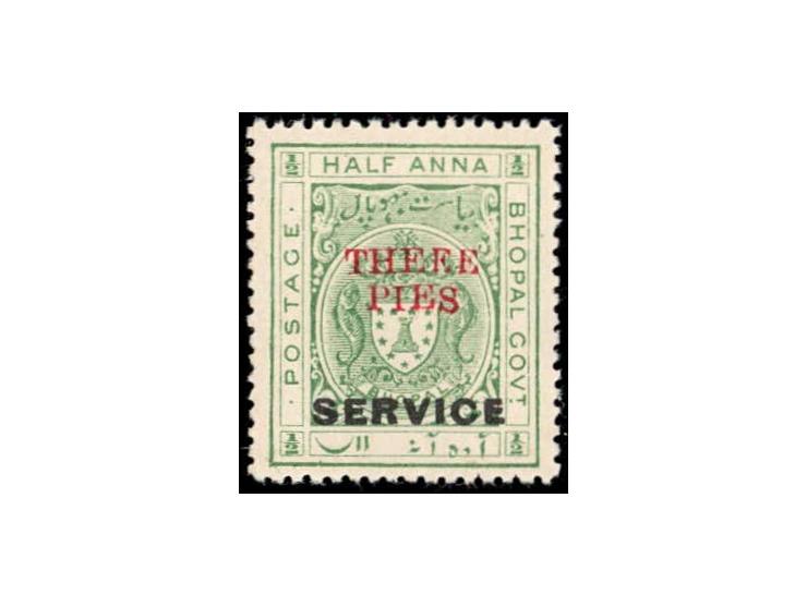 1935-36  ½a yellow-green overprinted SERVICE surcharged THREE PIES in red with error, THEEE instead of THREE
