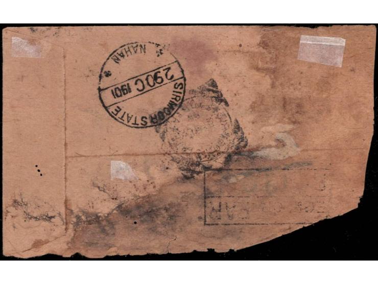 Reduced registered cover from Paonta to Nahan franked with 1895-96  3p + 2a and 1894-99 3p making up the 6p rate for single w