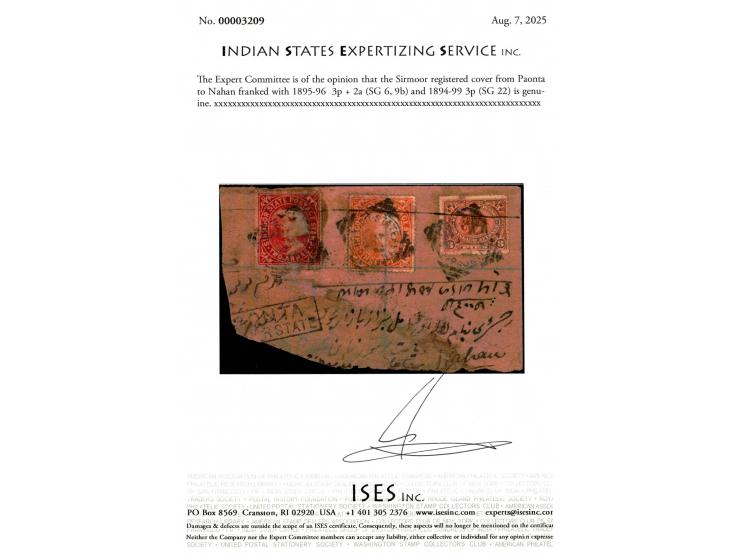 Reduced registered cover from Paonta to Nahan franked with 1895-96  3p + 2a and 1894-99 3p making up the 6p rate for single w