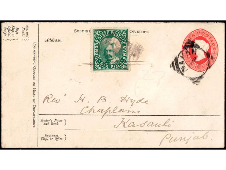 India QV 9p soldiers &amp; Seamen postal stationery envelope additionally franked with Sirmoor 6p green from Sirmoor to Kasau
