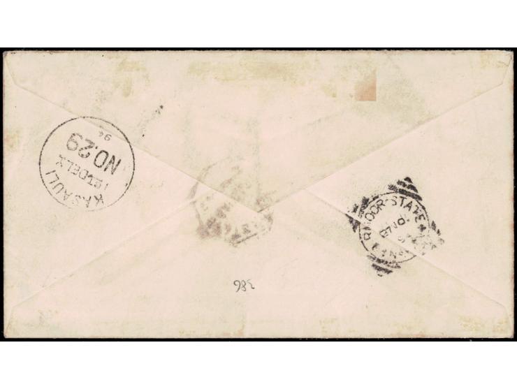 India QV 9p soldiers &amp; Seamen postal stationery envelope additionally franked with Sirmoor 6p green from Sirmoor to Kasau