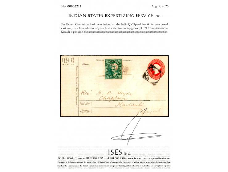 India QV 9p soldiers &amp; Seamen postal stationery envelope additionally franked with Sirmoor 6p green from Sirmoor to Kasau