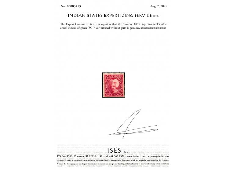 1895  6p error of color, printed in pink instead of green, the color of the 2 anna. This is the only example we have seen in 