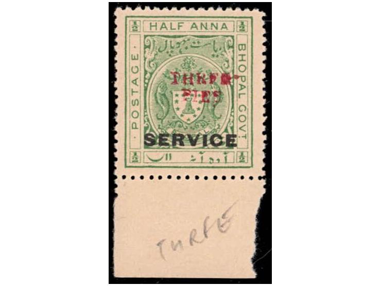 1935-36  ½a yellow-green overprinted SERVICE surcharged THREE PIES in red with error, THRFE instead of THREE
