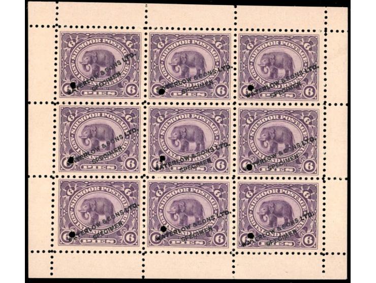 1894  complete sheetlet of 9 of the 6p elephant issue overprinted "WATERLOW &amp; SONS LTD / SPECIMEN" with small punch-hole 