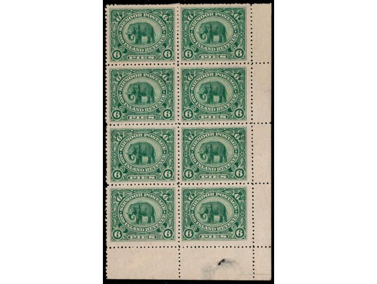 1894-99  6p green bottom right corner marginal block of 8 with error, bottom two stamps 1mm taller as a result of shifted per