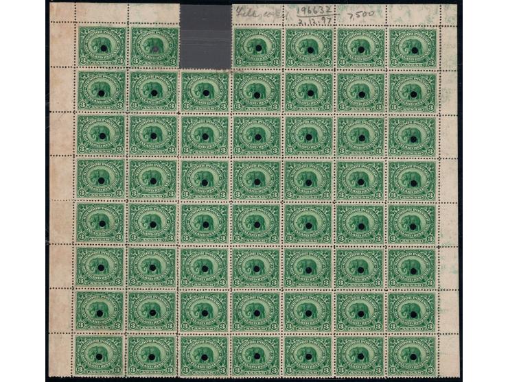 1894  3a yellow-green part sheet of 55 stamps from the Waterlow archive with manuscript annotation on margin "file copy", "2.