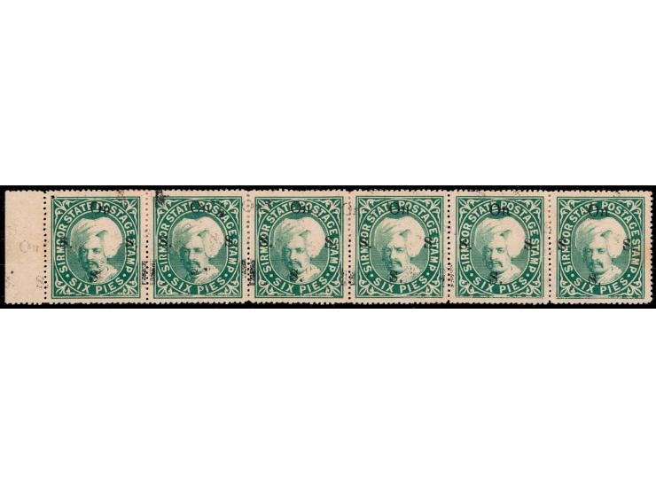 1891  6p green horizontal strip of 6 overprinted On S S S with SG Type 12 in black with error, all stamps with multiple overp