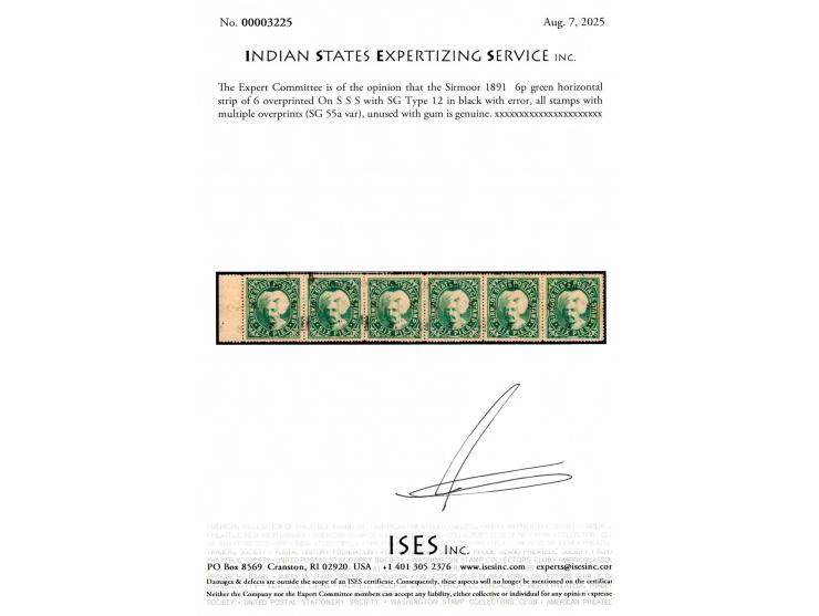1891  6p green horizontal strip of 6 overprinted On S S S with SG Type 12 in black with error, all stamps with multiple overp