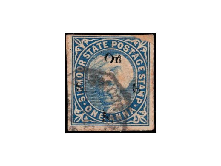 1891  1a bright blue overprinted On S S S with SG Type 12 in black. Used on piece with top perforations trimmed off and tear 