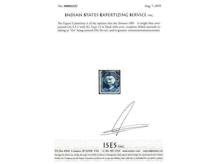 1891  1a bright blue overprinted On S S S with SG Type 12 in black with error, overprint shifted upwards and "On" missing. Ca