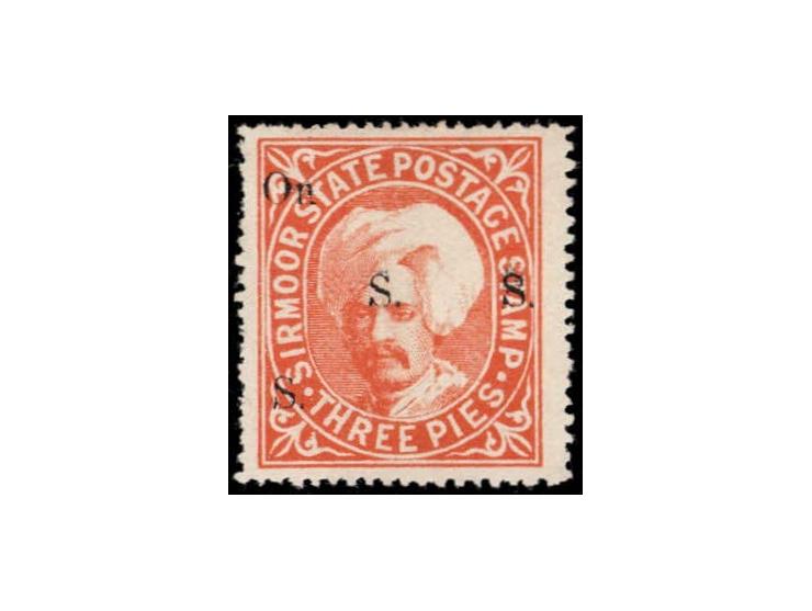 1892-97  3p orange overprinted On S S S with SG Type 13 in black with dramatic shifting on the overprint to the left.
