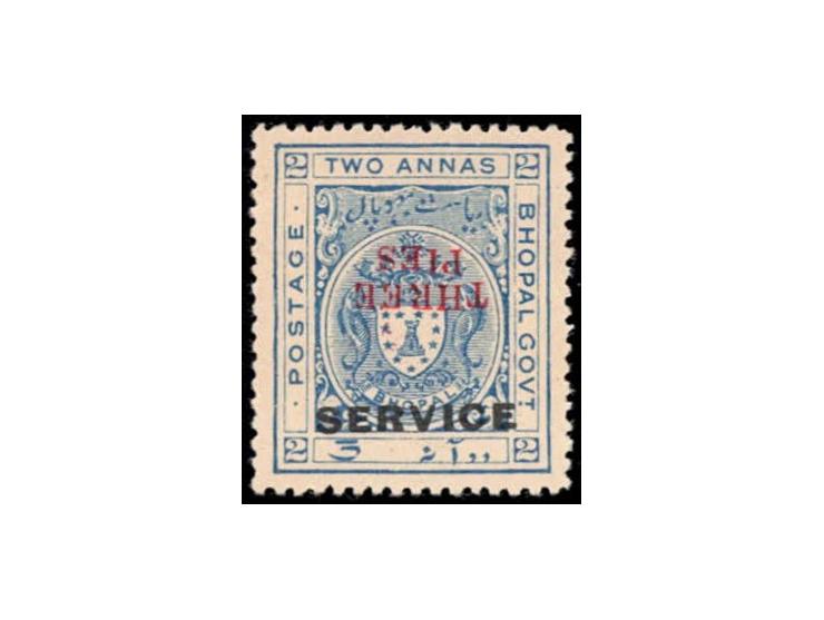 1935-36  2a ultramarine overprinted SERVICE surcharged THREE PIES in red with error, overprint inverted.

